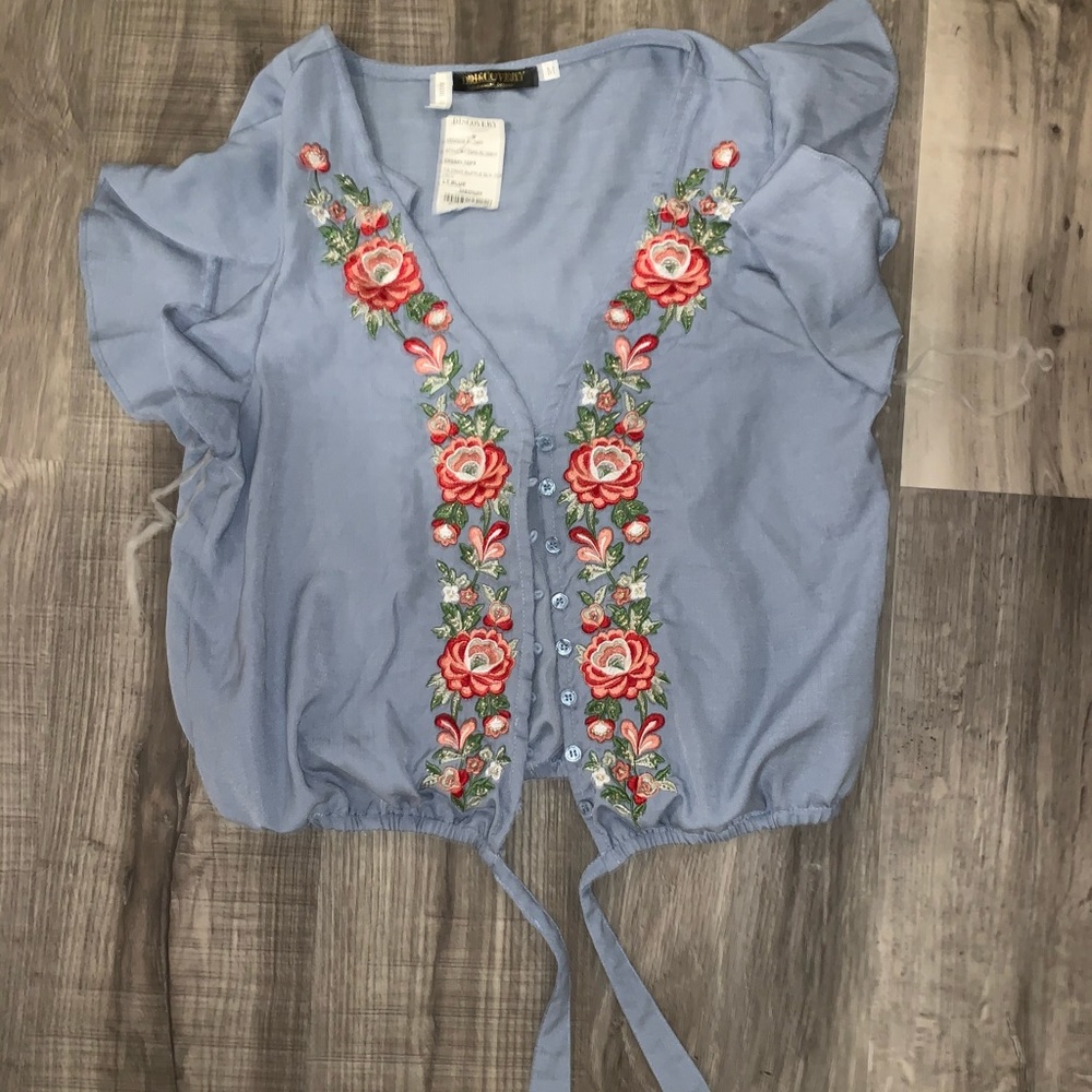 Floral button down tie blouse